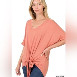 NWT MEDIUM Zenana Outfitters Ash Rose Tie-Front V-Neck Top